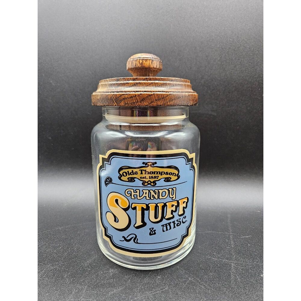 Vintage Olde Thompson Handy Stuff Glass Jar Canister w/ Wooden Lid Rare HTF